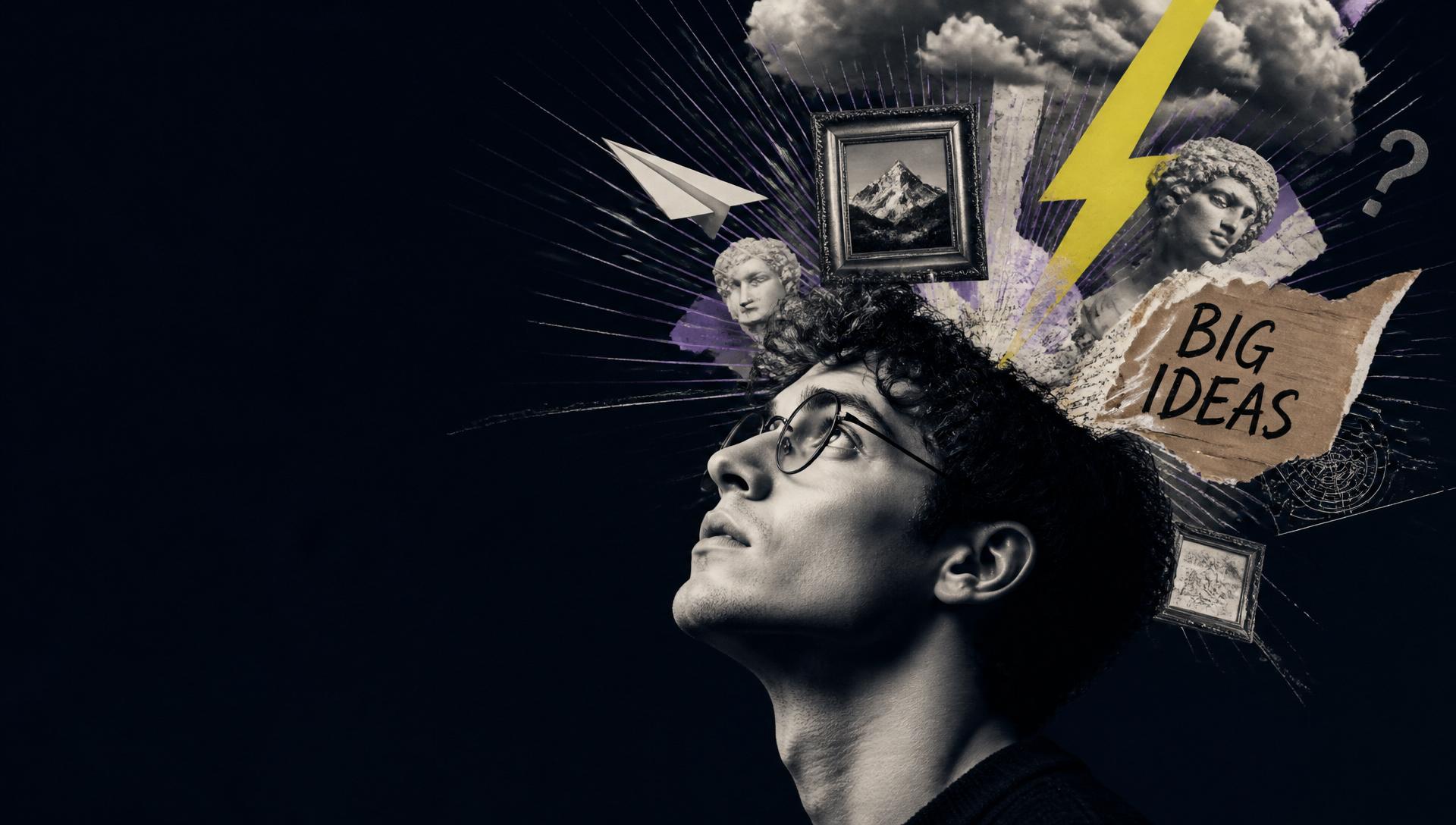 Man with glasses surrounded by big ideas collage